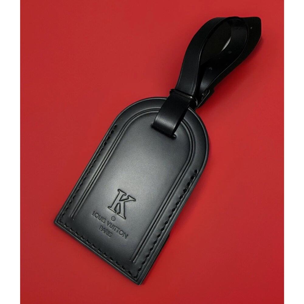 Louis Vuitton Paris Black Leather Name Tag w/ K Silver tone Metal Large LN